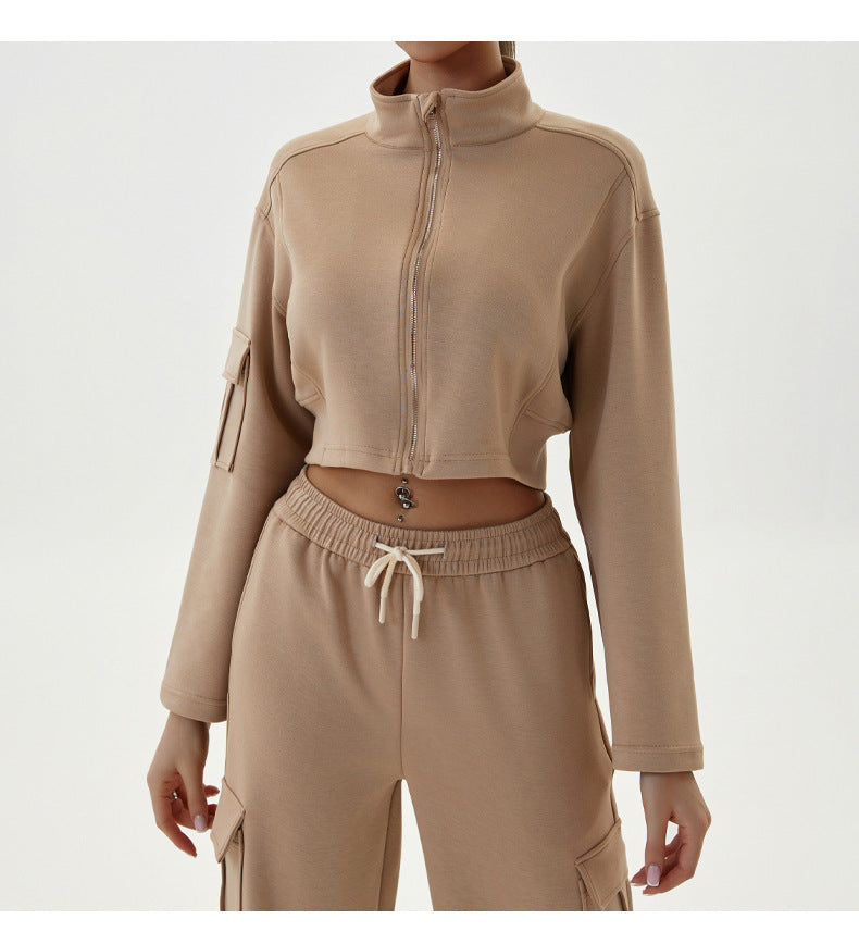 Women Autumn Winter Sports Sweater Stand Collar Loose with Long Sleeve Zipper Top Jogging Fitness Yoga Wear