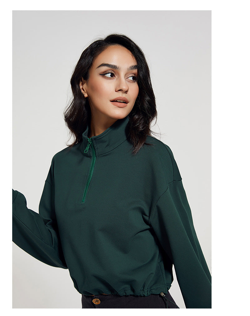 Autumn Long Collar Fitness Sports Sweater Women Loose Zip Drawstring Long Sleeve Yoga Wear Top T shirt