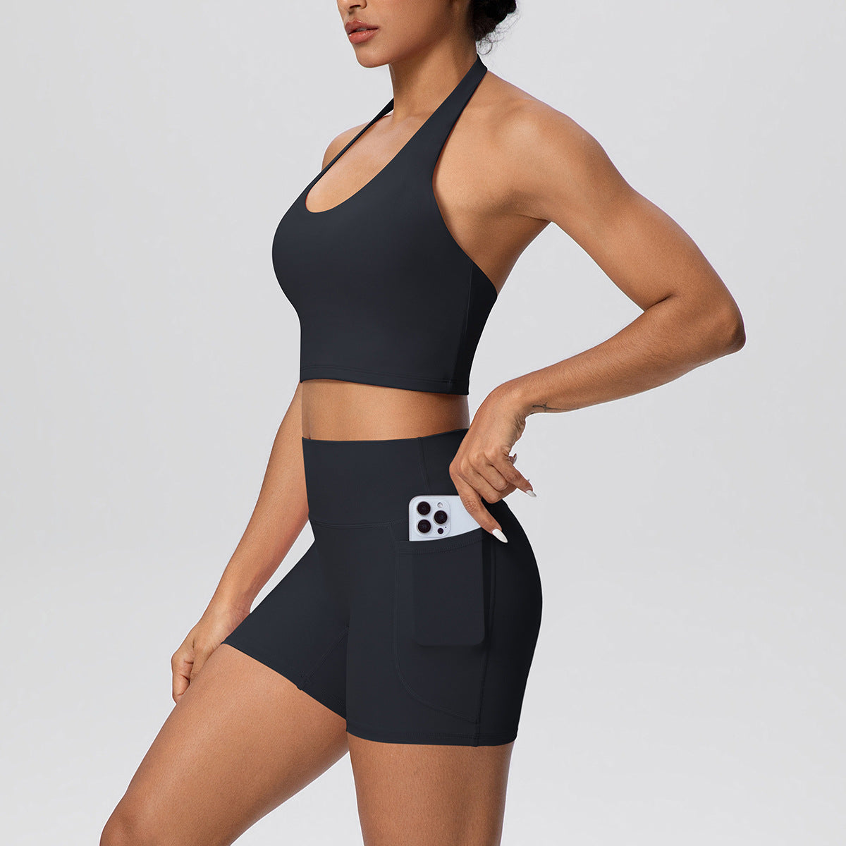 Solid Color Halter Beauty Back Exercise Bra Gathering Vest Pocket Sports Shorts Fitness Pants Yoga Set