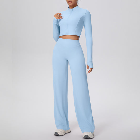 Micro Brushed Solid Color Zipper Jacket Sports Long Sleeve Running Baggy Straight Trousers Fitness Yoga Wear Suit Women