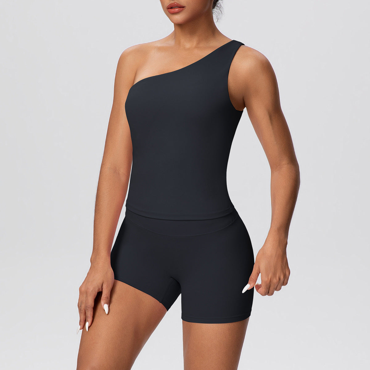 Women Solid Color Oblique Shoulder Strap Beauty Back Exercise Vest Yoga Pants Running Slim Shorts Fitness Yoga Wear Set