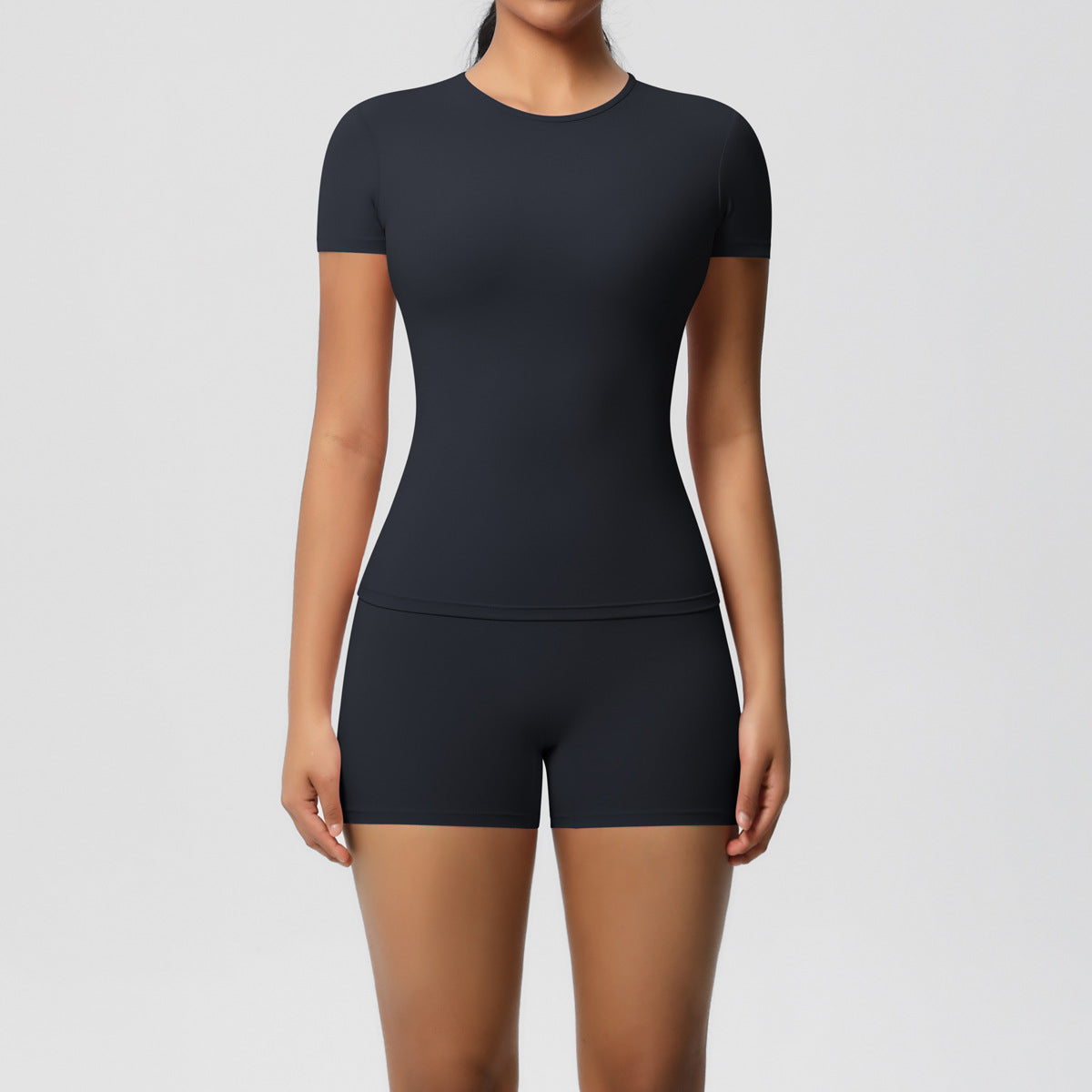 Solid Color Nude Feel Skin Friendly Exercise Yoga Clothes Slim Fit Slimming Stretch T shirt Fitness Shorts Set Women