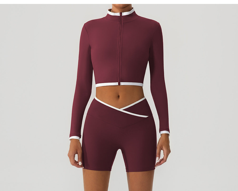 Autumn Winter Yoga Wear Coat Contrast Color Body Shaping Stand Collar Zipper Running Long Sleeve Top Women