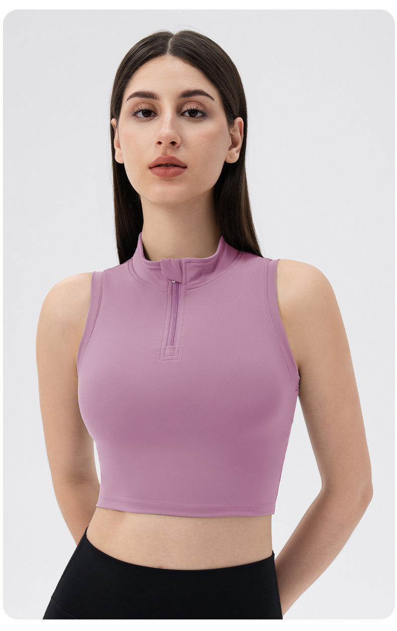 Sleeveless Stand Collar Slimming Yoga Clothes Vest Front Zipper Skinny Exercise Top with Chest Pad Running Workout Vest Women