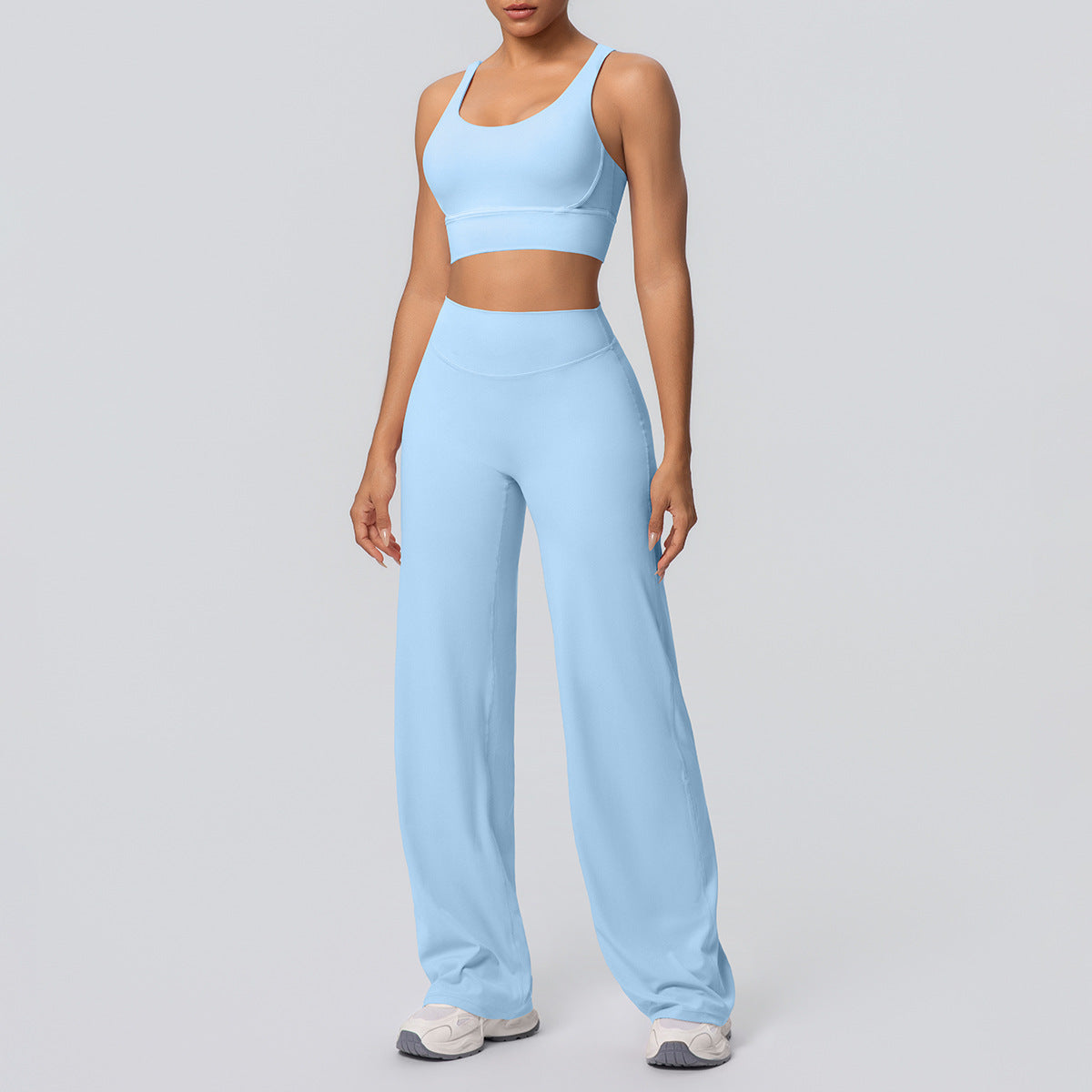 Sexy Cross Shoulder Strap Backless Bra Solid Color Baggy Straight Trousers Fitness Pants Yoga Set for Women