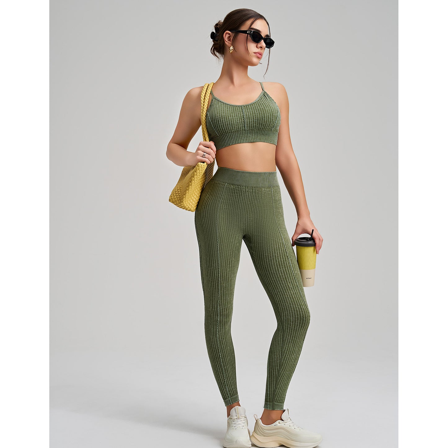Stone Washed Peach Hip Seamless Yoga Pants Set Sports Fitness Running Shockproof Vest Two Piece Set