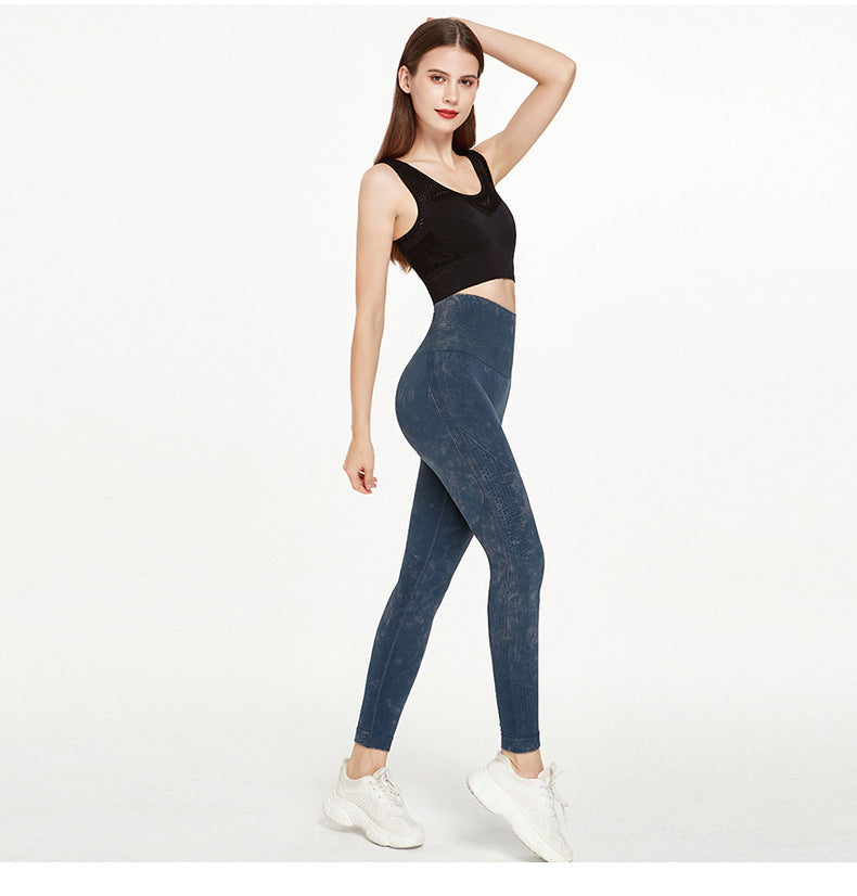 Women Retro Imitation Denim Stone Washed Yoga Pants High Waist Elastic Running Fitness Tight Sports Pants