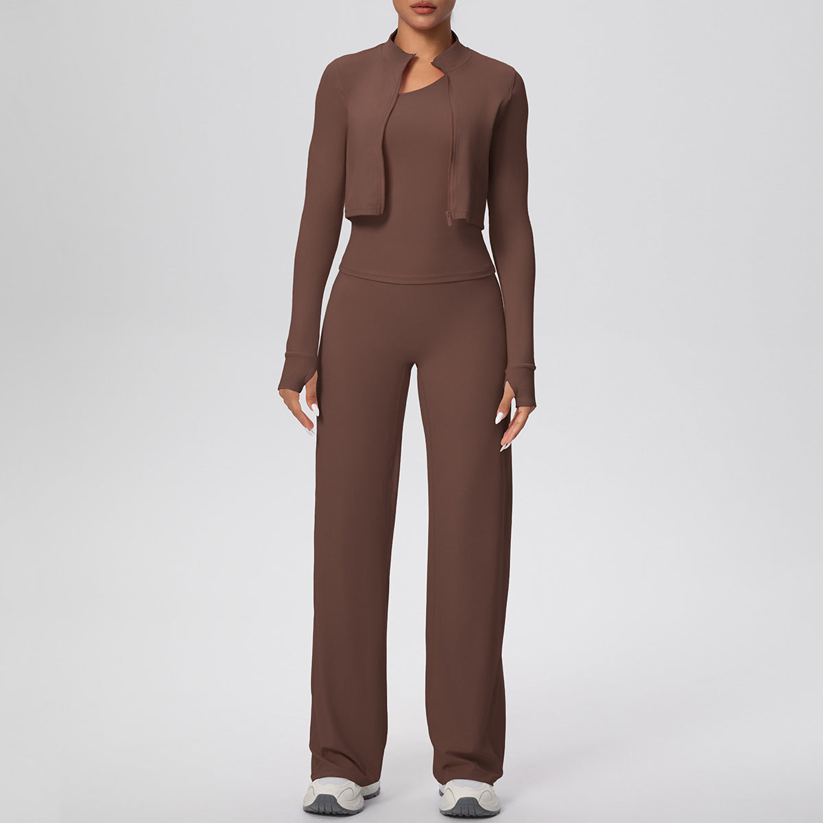 Women Solid Color Zip Long Sleeve Coat Oblique Shoulder Vest Baggy Straight Trousers Workout Clothes Yoga Three Piece Set