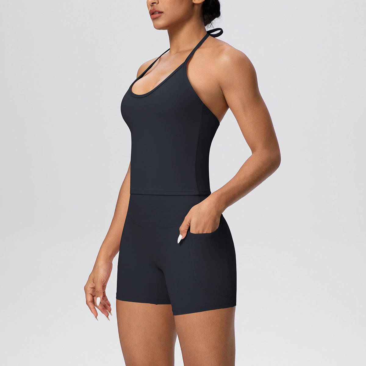 Women Cloud Sense Solid Color Lace Strap Beauty Back Yoga Vest Pocket Shorts Sports Slim Fitting Yoga Set