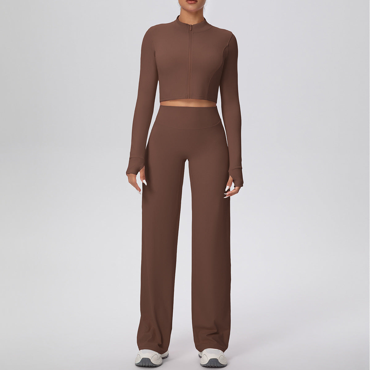 Micro Brushed Solid Color Zipper Jacket Sports Long Sleeve Running Baggy Straight Trousers Fitness Yoga Wear Suit Women