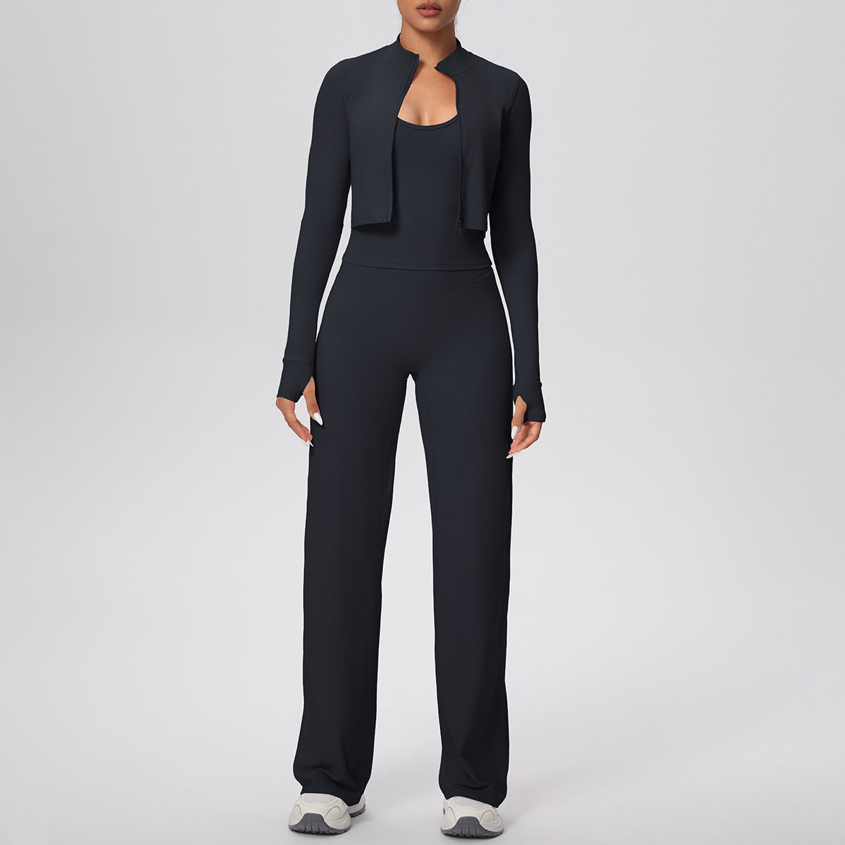 Solid Color Sports Zip Long Sleeve Coat Strap Vest Baggy Straight Trousers Workout Clothes Yoga Three Piece Set