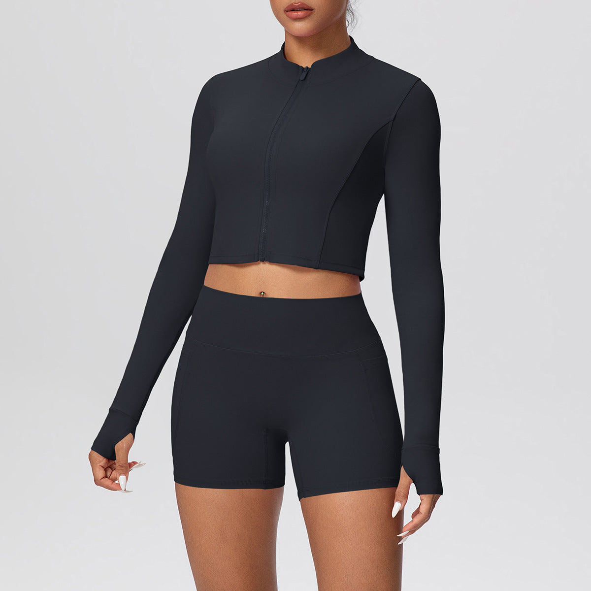 High Waist Nude Feel Thumb Hole Zip Long Sleeve Coat Pocket Shorts Yoga Clothes Fitness Hip Lifting Yoga Set