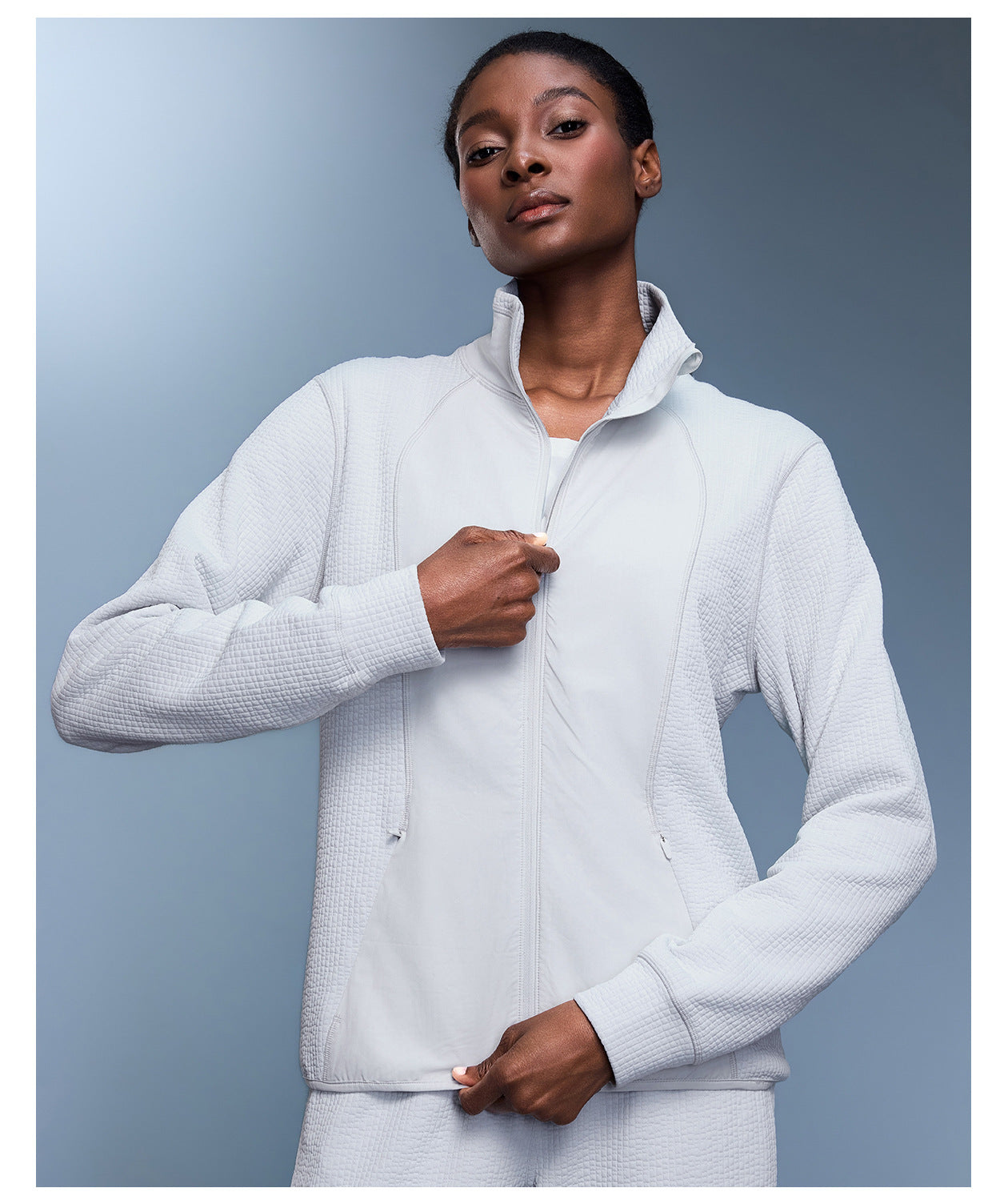 Waffle Slim Fit Stand Collar Sports Jacket Women Casual Loose Stitching Cardigan Autumn