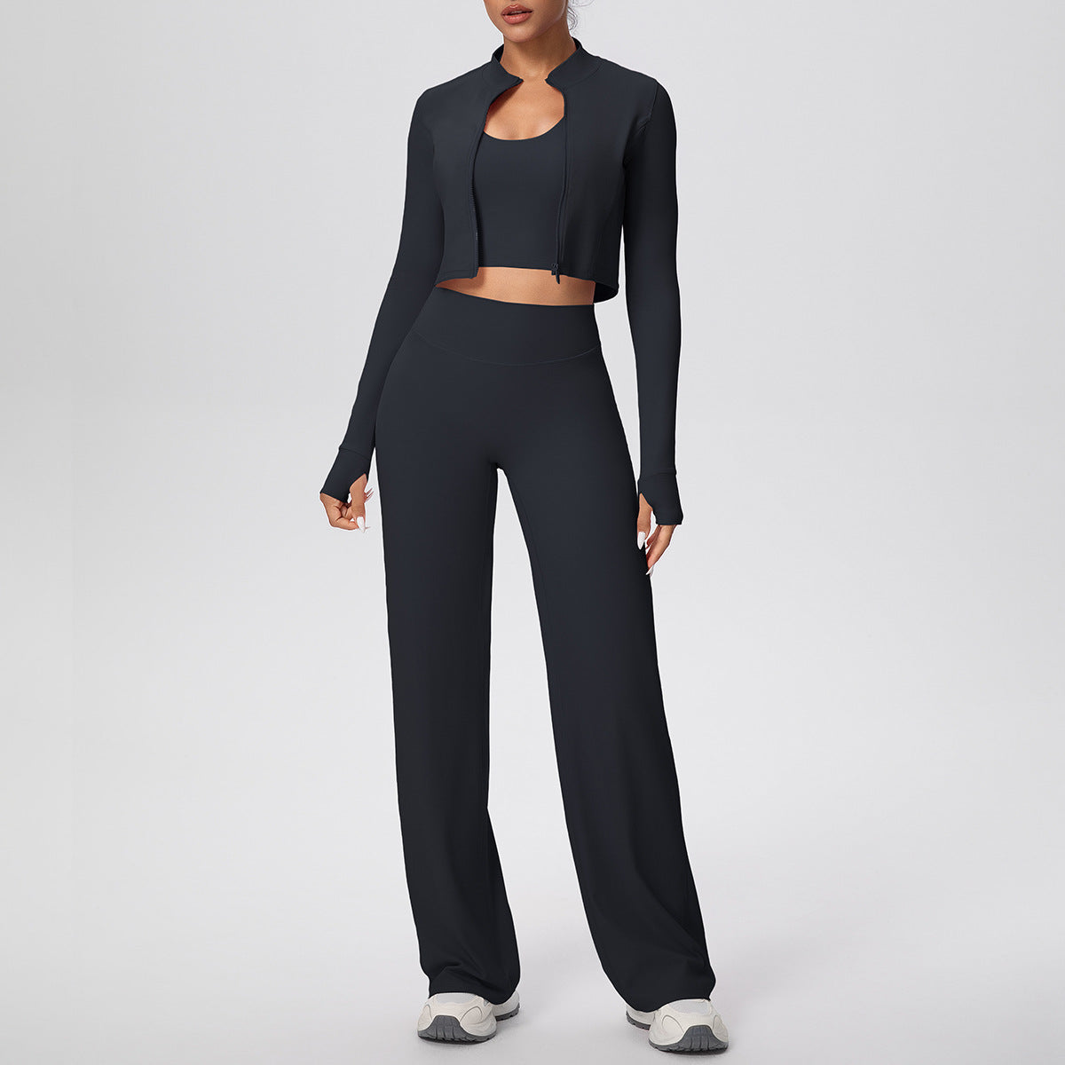 Solid Color Sports Zip Long Sleeve Coat Halterneck Vest Baggy Straight Trousers Workout Clothes Yoga Three Piece Suit