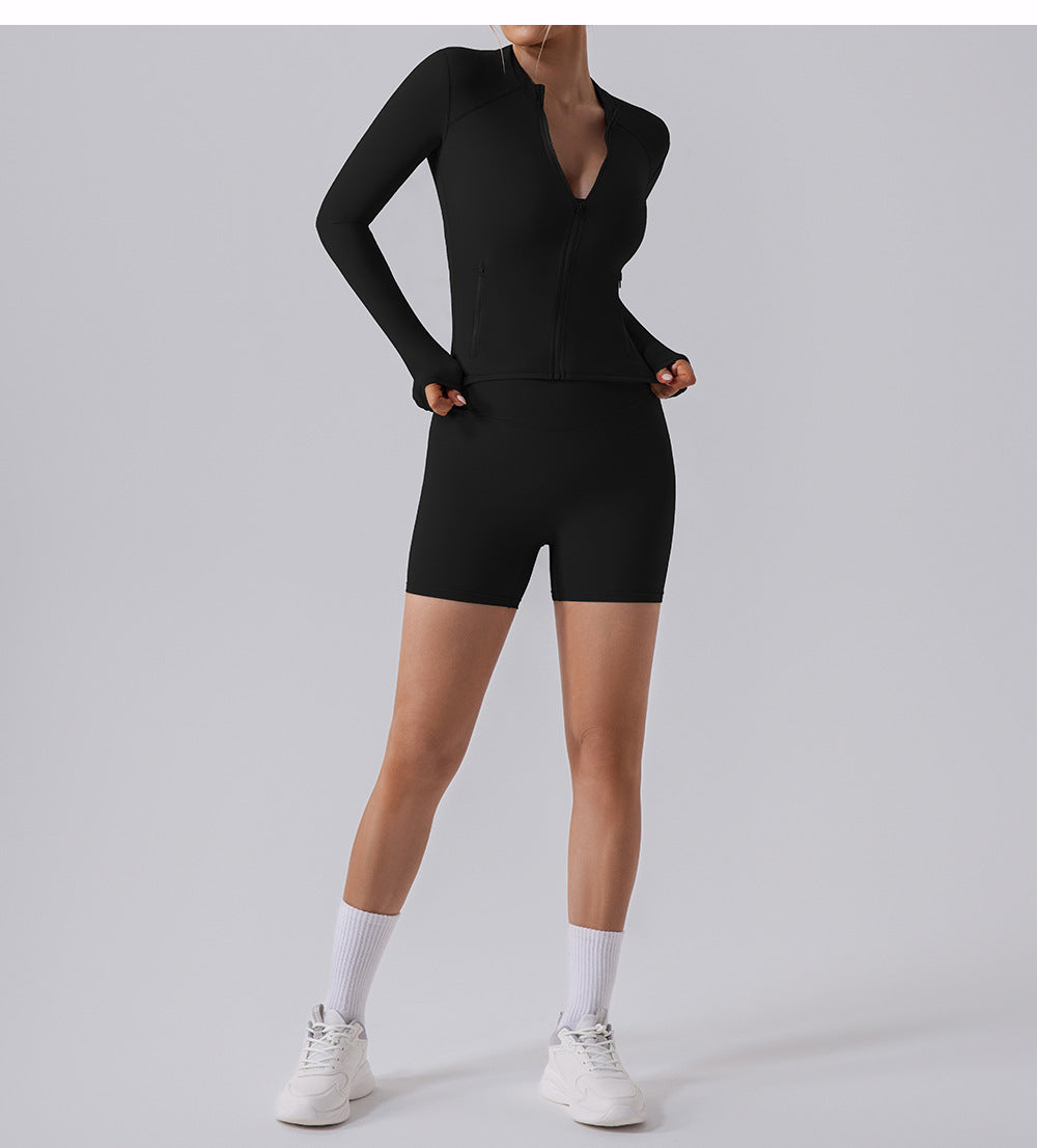 Autumn High Elastic Gym Sports Top Women Long Sleeve Slim Fit Zipper Cardigan Skinny Running Yoga Clothes Coat