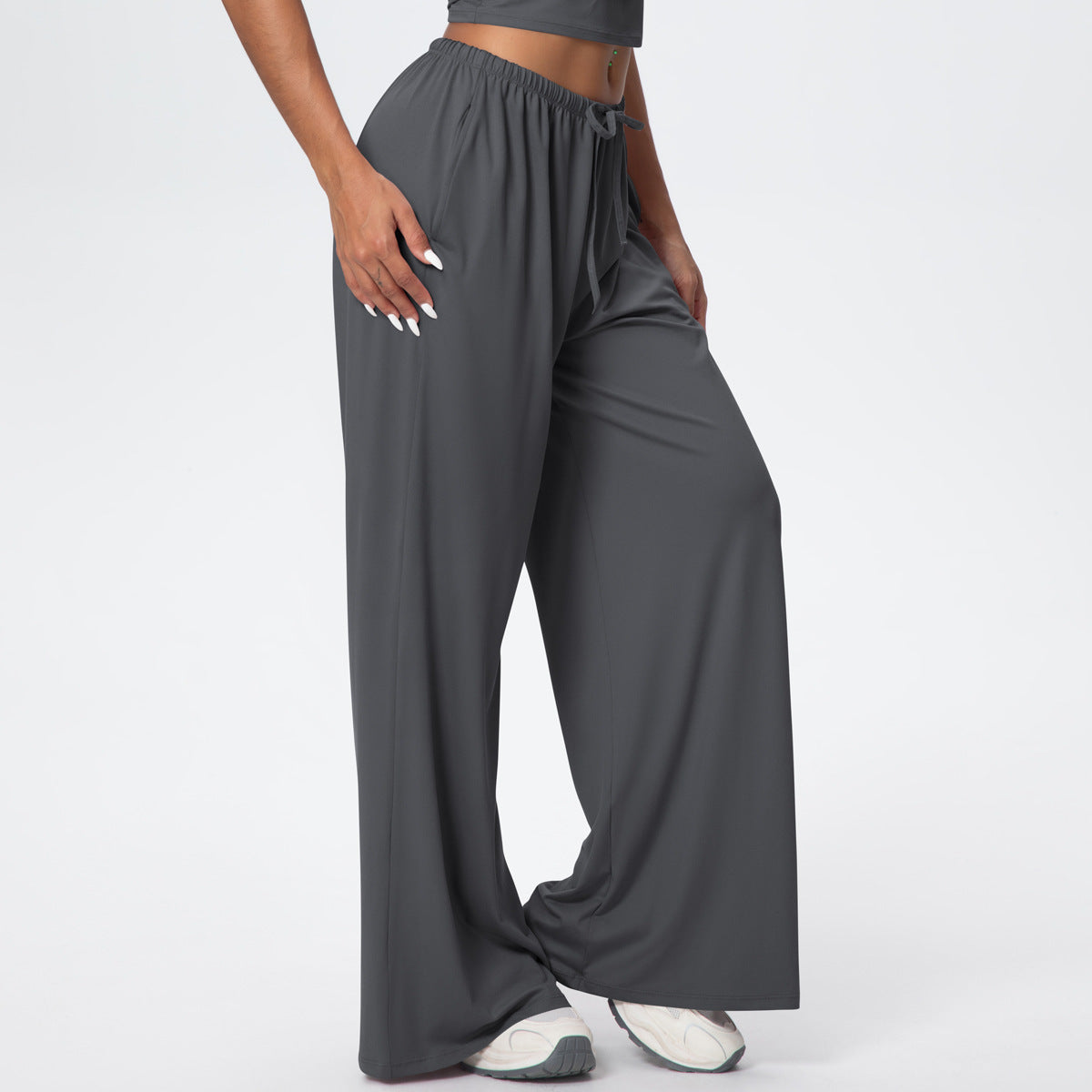 Brushed Trousers Draping Side Pocket Wide Leg Pants Loose Casual Pants Women Sports Fitness Elastic Drawstring Trousers