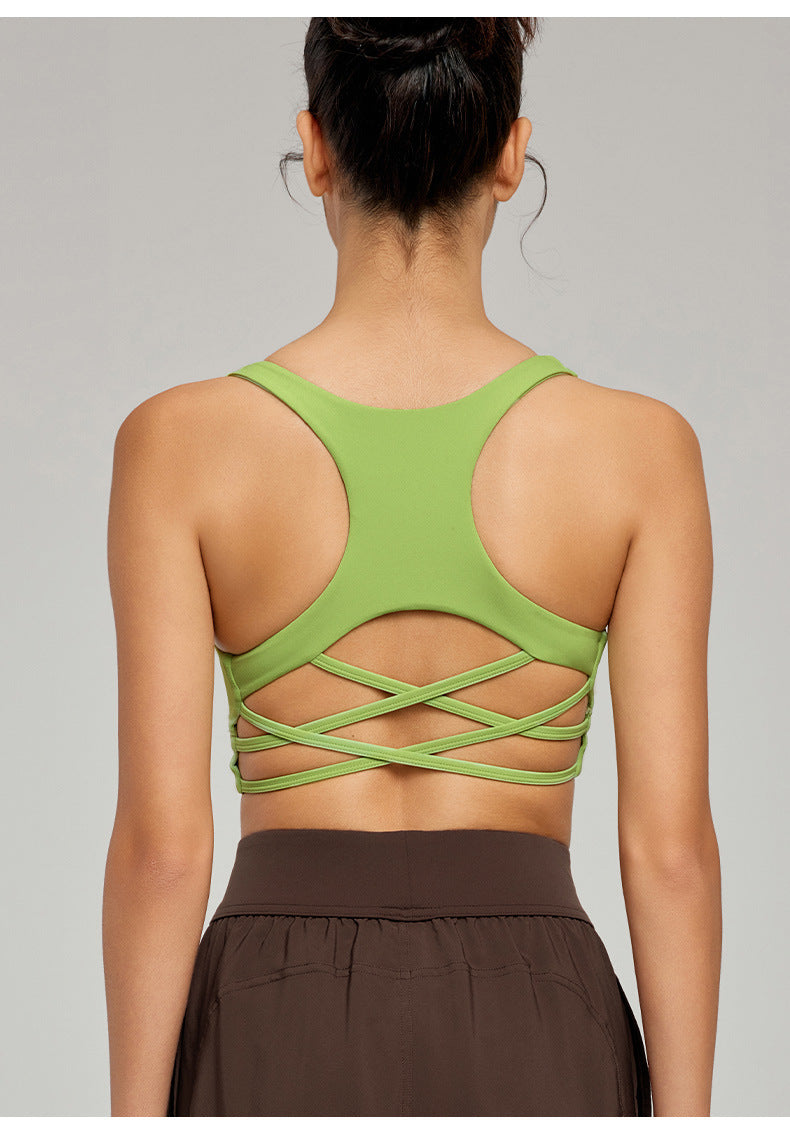 Sexy Crossover Back Beautifying Workout Bra Sports Vest with Chest Pad Non Running Cup Breathable Yoga Vest Top