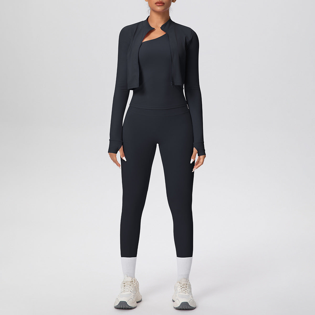 Women Solid Color Zip Long Sleeve Coat Oblique Shoulder Vest Slim Fit Yoga Pants Workout Clothes Yoga Three Piece Set