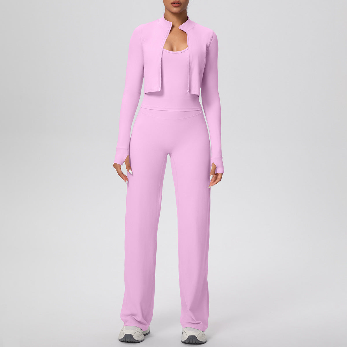 Solid Color Sports Zip Long Sleeve Coat Strap Vest Baggy Straight Trousers Workout Clothes Yoga Three Piece Set