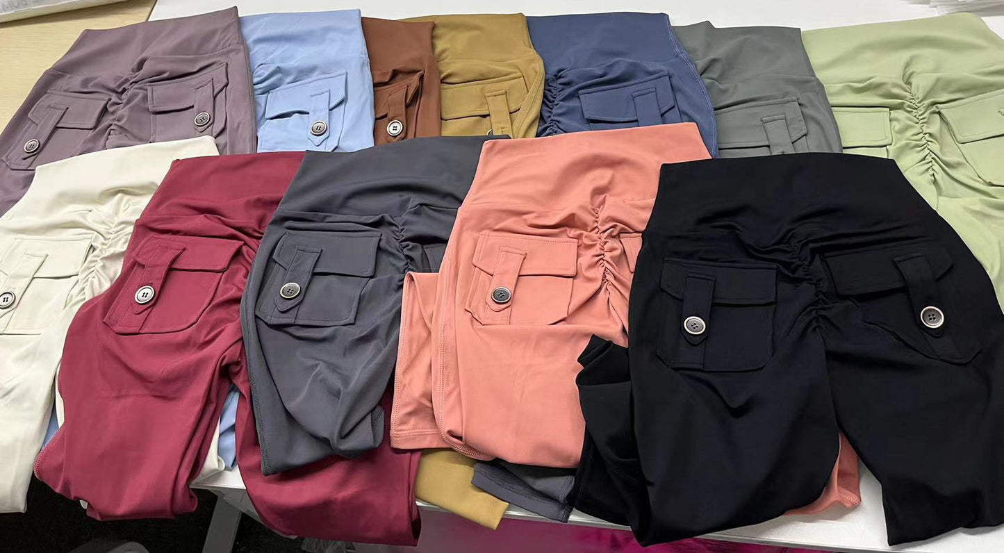 Peach Hip Workwear Tight Pocket Yoga Pants Women High Waist Stretch Hip Lift Button Quick Drying Running Fitness Pants Women
