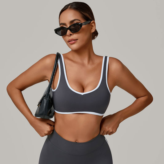 Autumn Sand Contrast Color Wide Shoulder Strap Sports Underwear Shockproof Women One Piece Yoga Bra Outdoor Workout Clothes