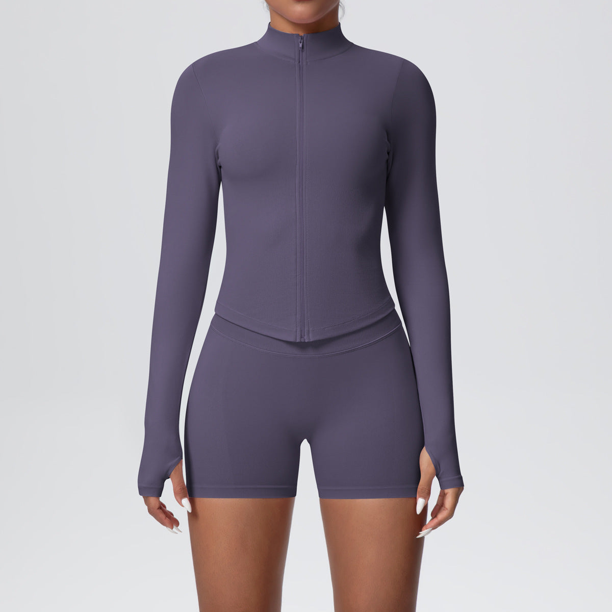 Stand Collar Knitted Long Sleeve Zipper Yoga Jacket Tight Quick Drying Yoga Shorts Fitness Yoga Wear Set for Women