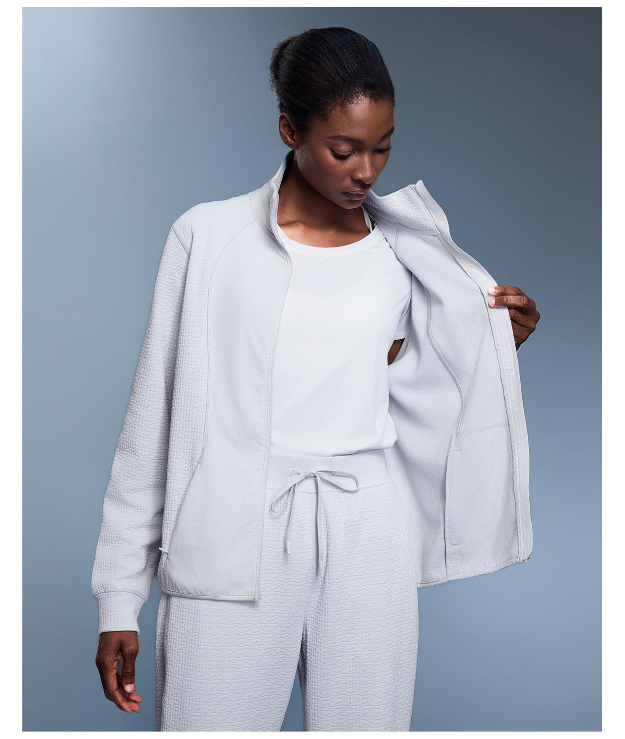 Waffle Slim Fit Stand Collar Sports Jacket Women Casual Loose Stitching Cardigan Autumn