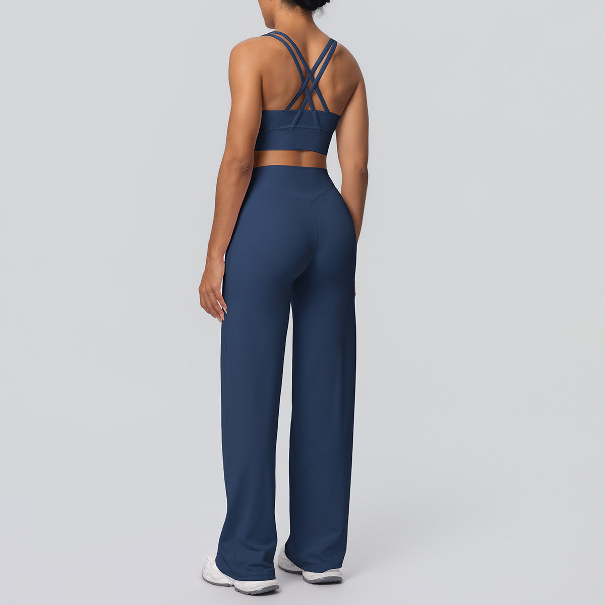 Sexy Cross Shoulder Strap Backless Bra Solid Color Baggy Straight Trousers Fitness Pants Yoga Set for Women