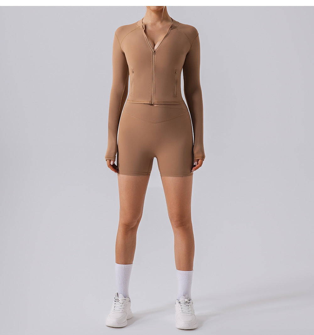 Autumn High Elastic Gym Sports Top Women Long Sleeve Slim Fit Zipper Cardigan Skinny Running Yoga Clothes Coat