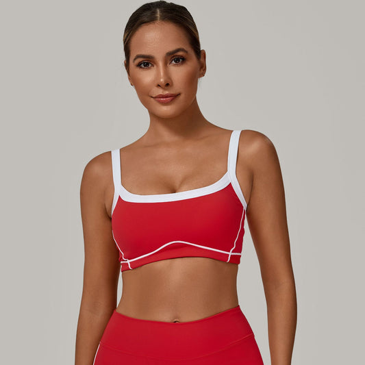Autumn Sand Color Contrast Patchwork Yoga Bra Double Shoulder Strap Beauty Back Quick Drying Sports Tops Outerwear Running Yoga Clothes