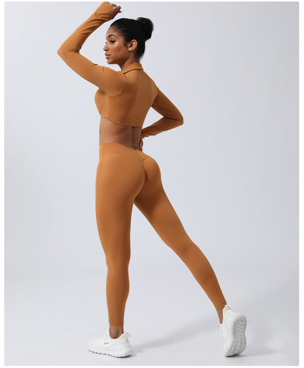 Wrinkle Hip Lifting Yoga Clothes Trousers Nude Feel Quick Drying Fitness Suit Running Sport Long Sleeve T Shirt With Chest Pad