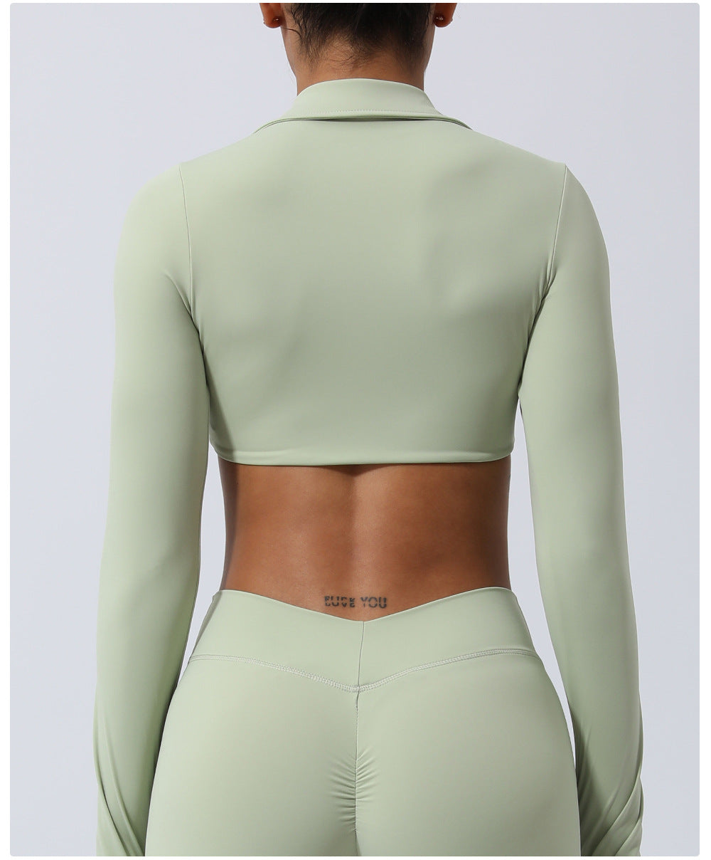 Nude Feel Collared Kinky Sports Top Sexy Cropped Exposed Yoga Clothes with Chest Pad Indoor Training Workout Long Sleeve T shirt