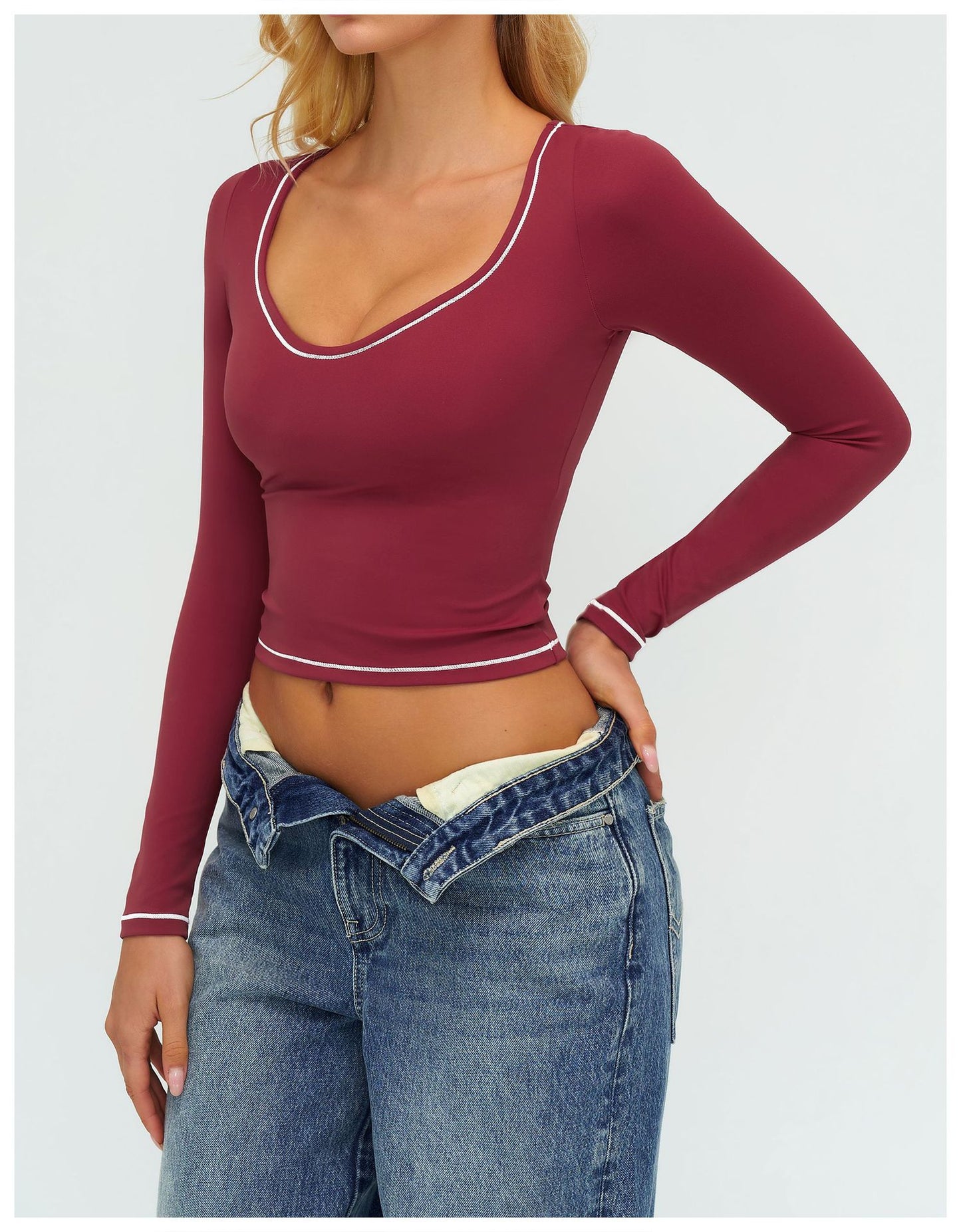 Autumn Winter Yoga Long Sleeve Contrast Color Brushed Slim Fit T shirt Outdoor Running Sport Long Sleeve Top