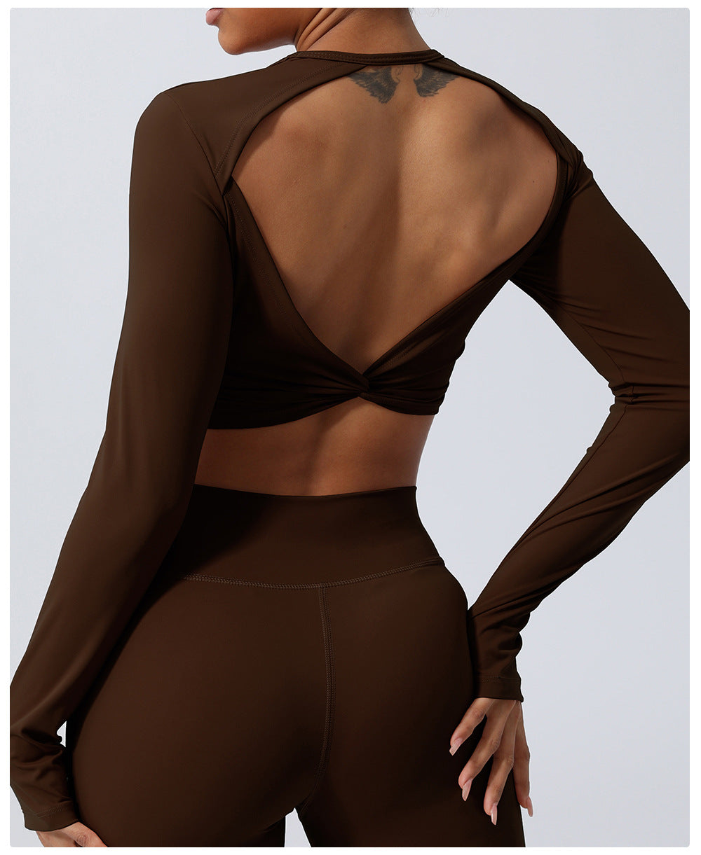 Spring Nude Feel Hollow Out Cutout Out Beauty Back Sports Top Twisted Short Yoga Clothes With Chest Pad Long Sleeve T Shirt Workout Clothes