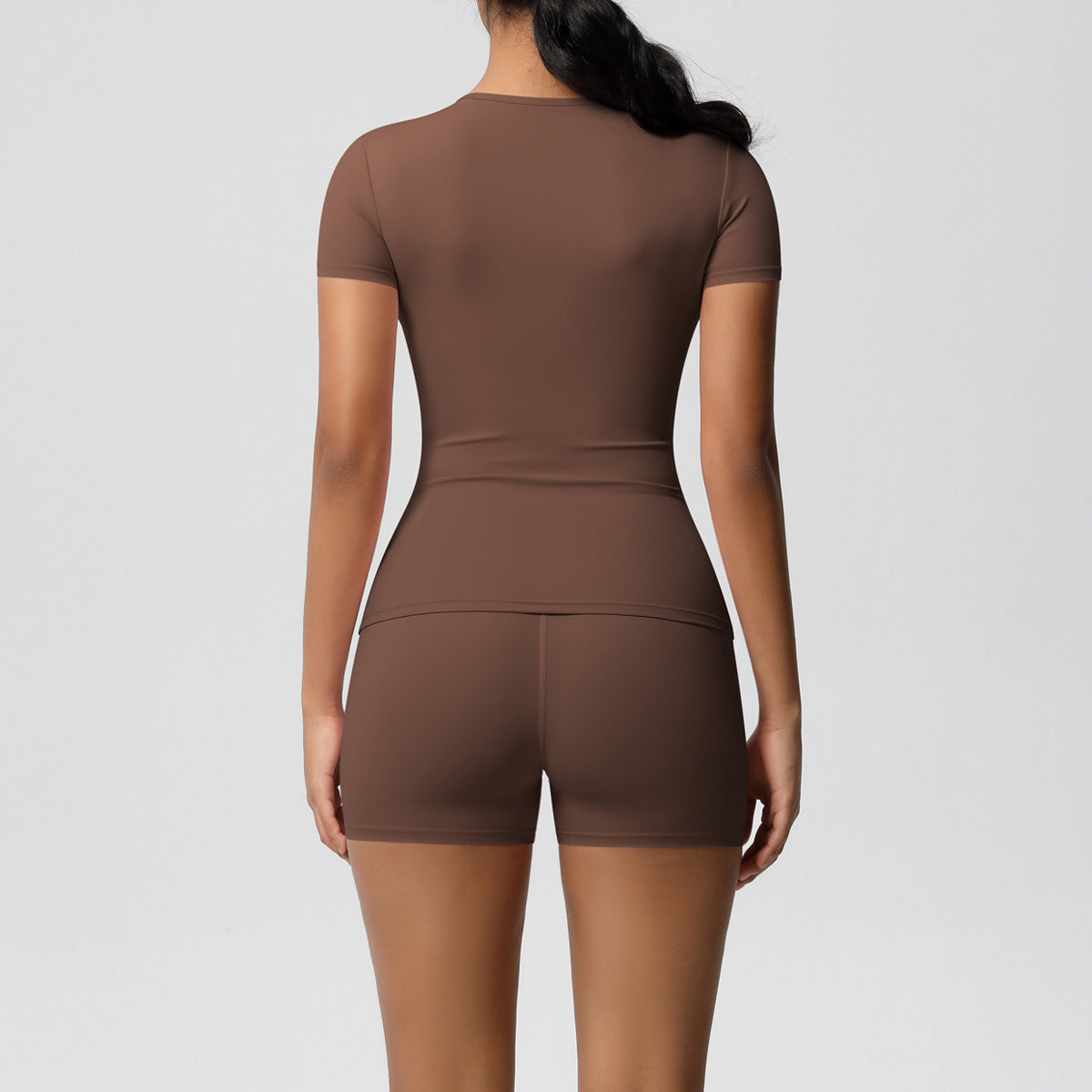 Solid Color Nude Feel Skin Friendly Exercise Yoga Clothes Slim Fit Slimming Stretch T shirt Fitness Shorts Set Women
