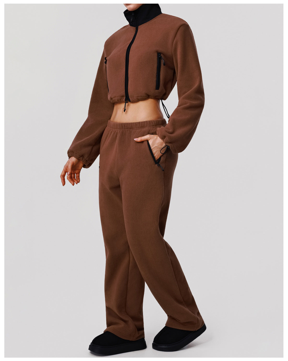 Thickened Double Sided Polar Fleece Casual Autumn Winter Warm Stand Collar Jacket Wide Leg Trousers Sports Two Piece Sets