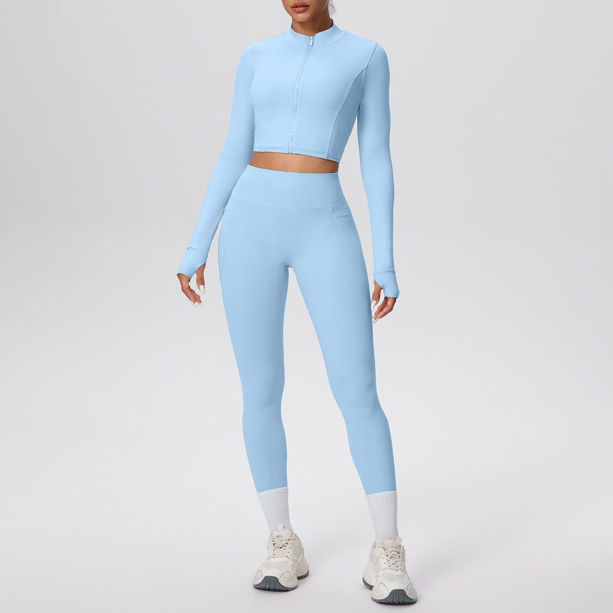 Tight High Waist Nude Feel Thumb Hole Zip Long Sleeve Coat Pocket Yoga Clothes Fitness Hip Lifting Yoga Set