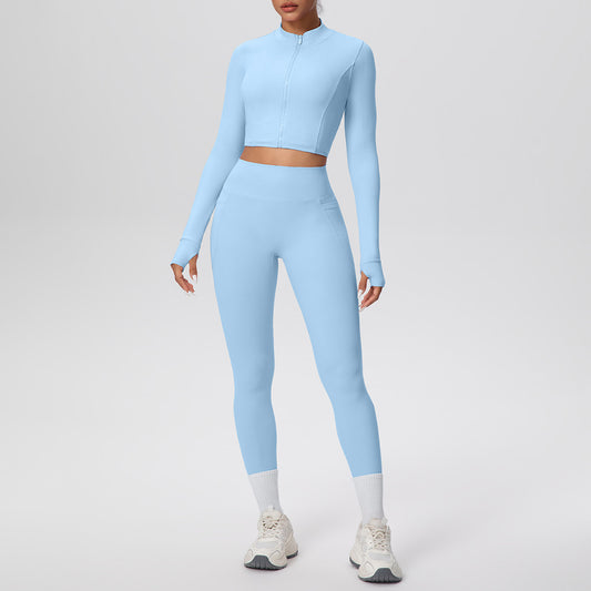 Tight High Waist Nude Feel Thumb Hole Zip Long Sleeve Coat Pocket Yoga Clothes Fitness Hip Lifting Yoga Set