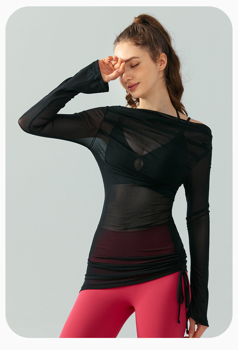 Long Sleeve Mesh Yoga Blouse High-Grade Sexy off-the-Shoulder Slant Shoulder Lightweight Sports Blouse