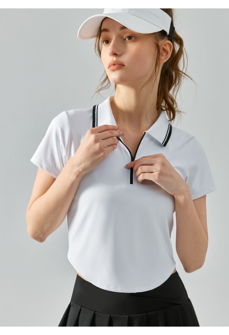 Half Zipper Collared Sports Short Sleeve Women Circular Lower Hem Loose Fitness Top Nude Feel Slim Fit Breathable Yoga Clothes Summer