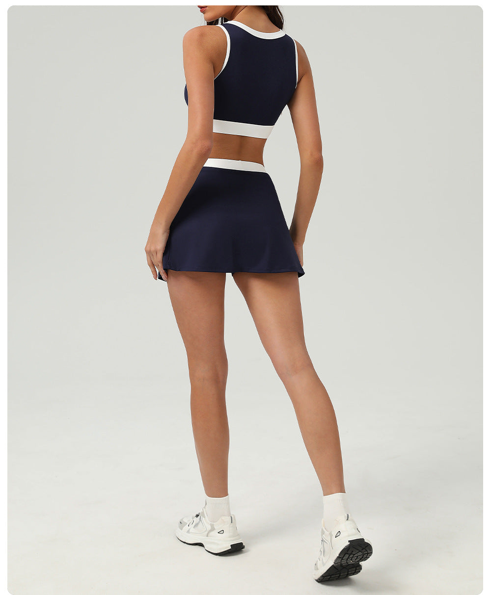 Contrast Color Sports Bra Tennis Skirt Set Women Quick Drying Anti Emptied Pantskirt Sports Set