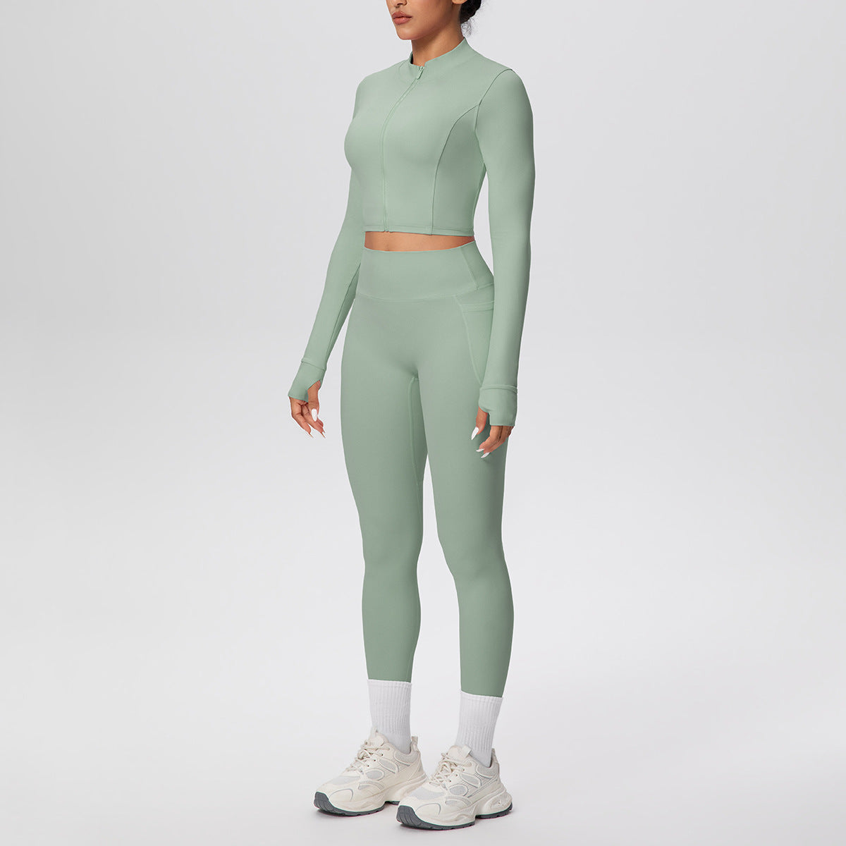 Tight High Waist Nude Feel Thumb Hole Zip Long Sleeve Coat Pocket Yoga Clothes Fitness Hip Lifting Yoga Set
