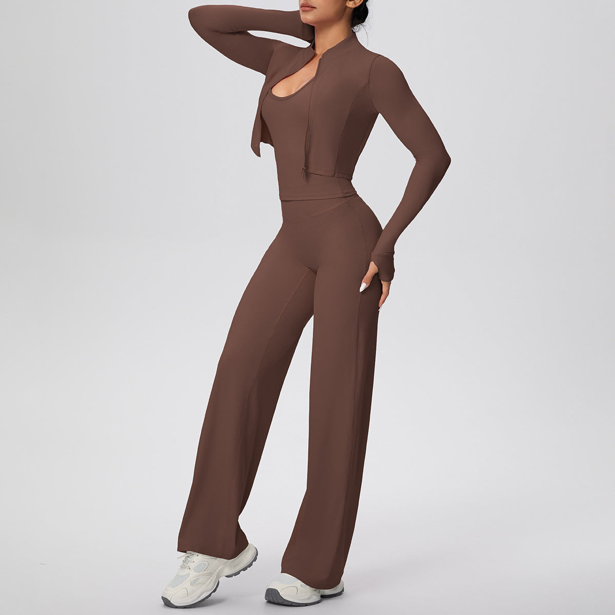 Solid Color Sports Zip Long Sleeve Coat Strap Vest Baggy Straight Trousers Workout Clothes Yoga Three Piece Set