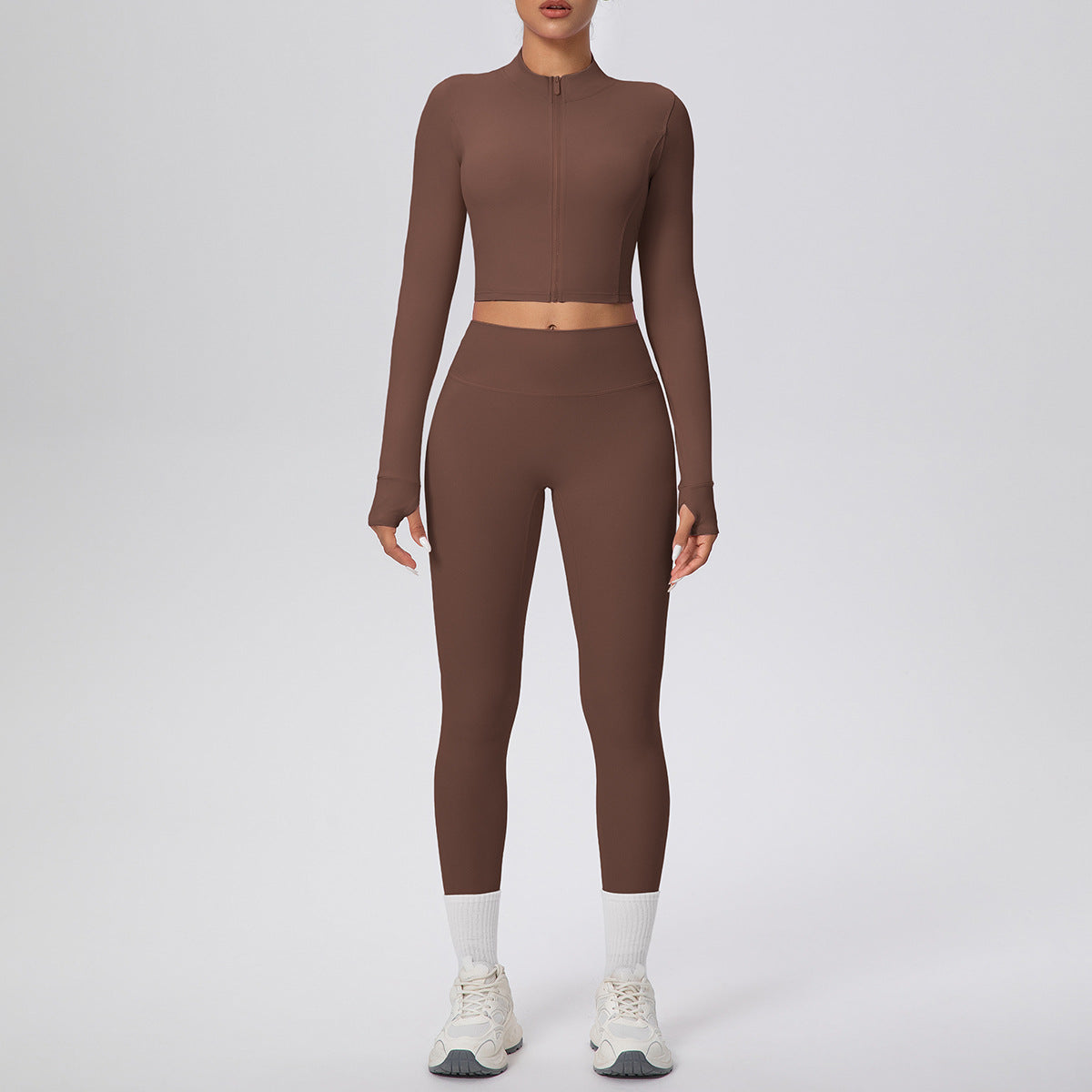 Tight High Waist Nude Feel Sports Thumb Hole Zip Long Sleeve Coat Yoga Clothes Fitness Hip Lifting Yoga Set