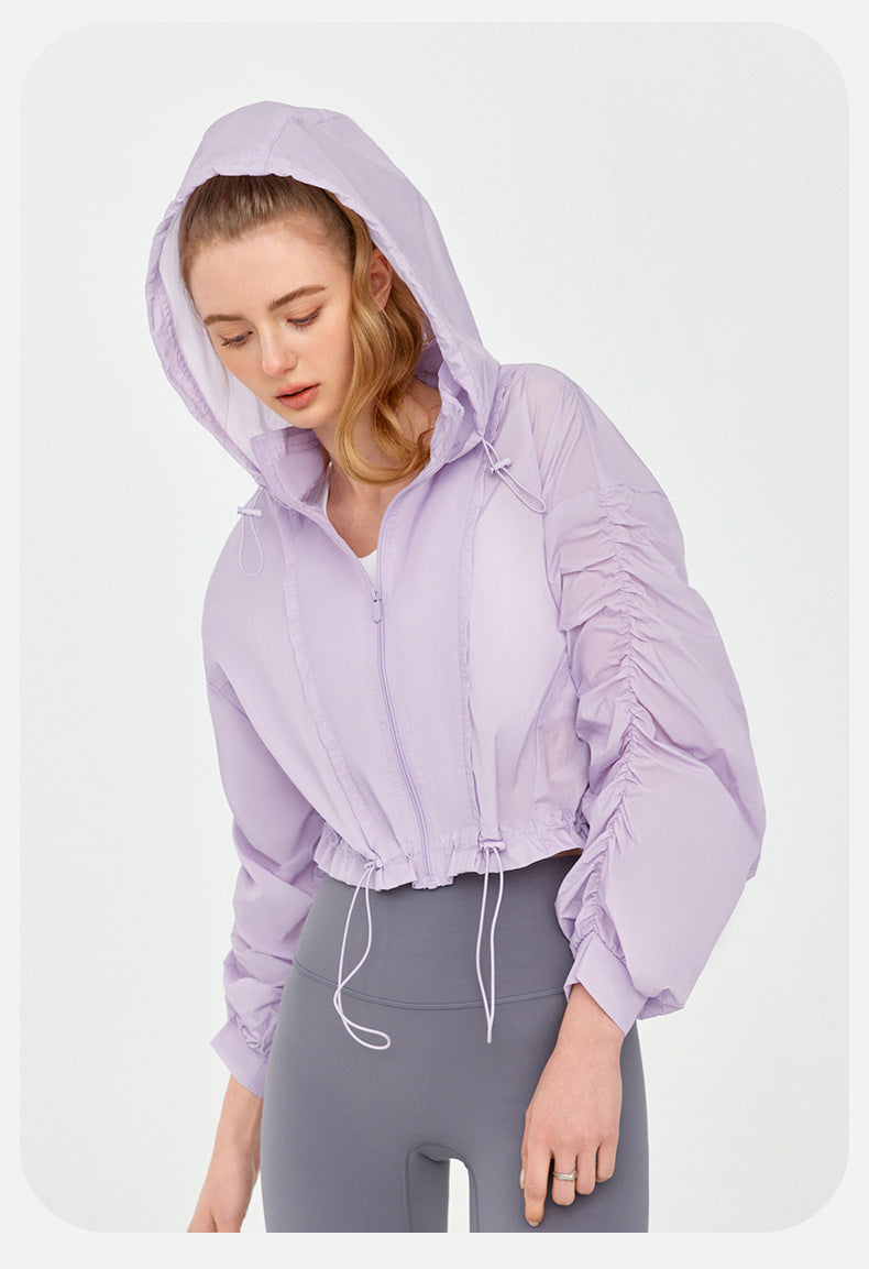 High Grade Sun Protective Clothing Women Outdoor Loose Short Breathable Sun Protection Long Sleeve Hooded Ruched Sun Protection Jacket
