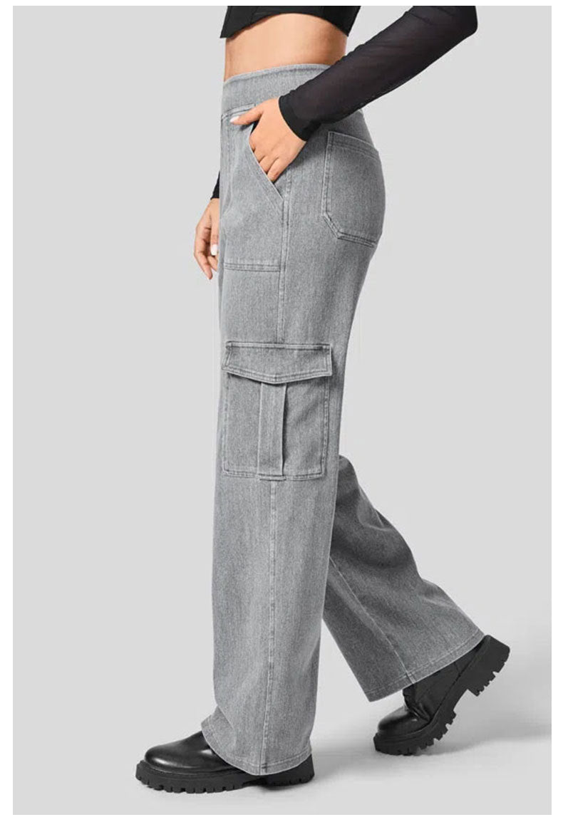 Color Denim Fitness Pants Women Multi Pocket Sports Casual Working Pants