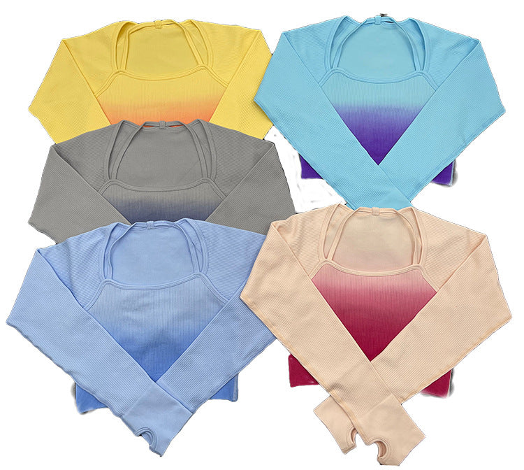 Summer Gradient Women Clothing Yoga T shirt Short Sleeved Sports Shorts Tight Cropped Stretch Two Piece Set Women