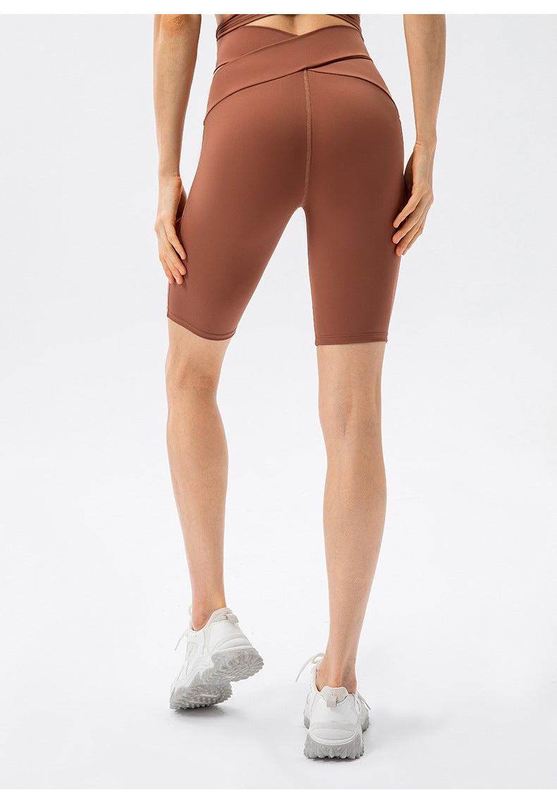 Naked Women Sense Cross High Waist Yoga Shorts No Embarrassment Line Skinny Hip Raise Belly Contracting Sports Shorts Crisscross