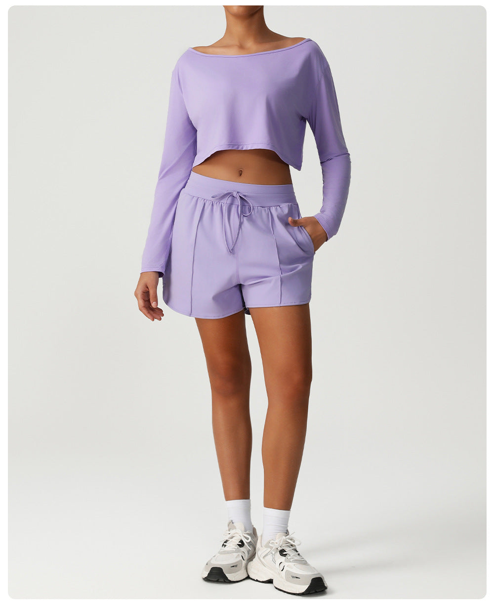 Nude Feel Quick Drying Sports Solid Color Shoulder Long Sleeve Loose Fitting Cropped Top Yoga Set