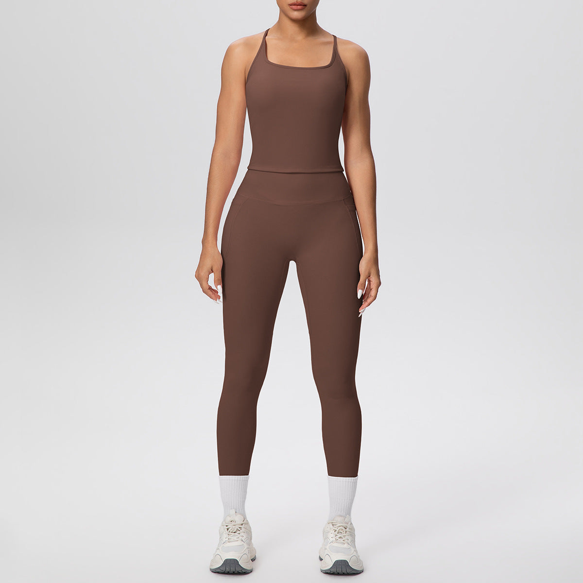 Solid Color Skin Friendly H Shaped Beauty Back Sports Vest Pocket Yoga Pants Leggings Fitness Yoga Wear Set for Women